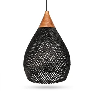 Premium Black Rattan Hanging Lamp Modern Wooden Cap Pendant Light Boho Chic Bamboo Chandelier Fixture For Home Restaurant Cafe