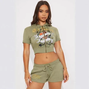 Plus Size Summer Women's Two Piece Shorts Set Solid Crop Top Jogger Shorts Skinny Fit Spandex/Polyester Fleece O-Neck