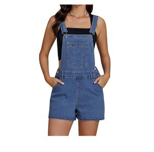 Women's Summer Casual Vintage Denim Overalls Regular Fit 100% Cotton Embroidered Adjustable Straps Stretchy High Waist Button
