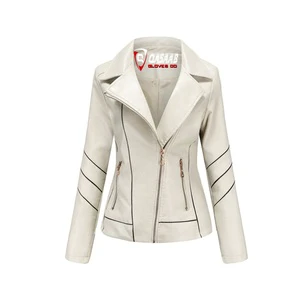 Autumn Winter PU Light-Color Leather Breathable Cotton Female-Clothing Outerwear Slimmed-Fit Fashion Denim Jacket Coats