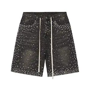 OEM Streetwear Custom Vintage Wash Men's Denim Shorts Streetwear Jeans Shorts with Rhinestones Jorts