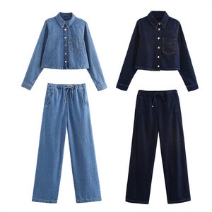 Wholesale Casual Two Pieces Denim Set Retro Lapel Long Sleeve Women's Denim Pants and Blouse Sets Girls Denim Suit