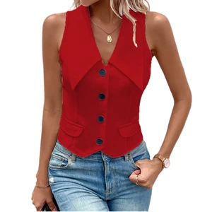 Solid Color Knitted Anti-Wrinkle Single Breasted Large Turndown Collar V-Neck Sleeveless Cardigan Women's Suit Waistcoat Vest