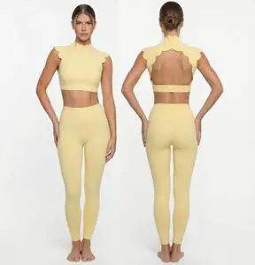 Ladies Hollow Back Scallop Active Wear Yoga Set Sleeveless Crop Top & High Waist Pants Workout Gym Clothes Track Suit