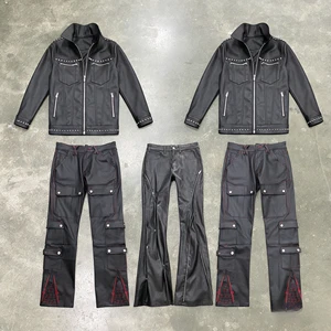 Custom Vintage Men's High Street Denim Waxing Jacket Bomber Denim Jacket and Pants Set Waxed Coated Cargo Jean for Men