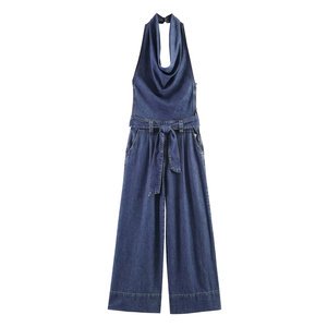 TAOP&ZA 2026 Women's Summer New Arrival: Sweet and Stylish Denim Jumpsuit with Belt, Halter Neck, and Backless Design 7147030
