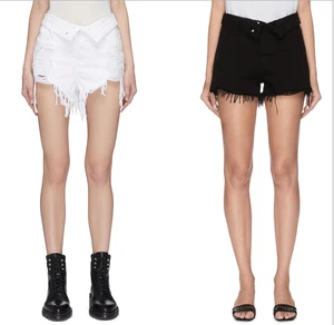2021 Women's Embroidered Denim Shorts White Black Ripped Moustache Pattern High Waist Hot Short Pants Plus Size Jeans with Logo