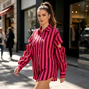 Women's Red Striped Off-the-Shoulder Shirt Loose-fitting Mid-length Shirt With Layered Cut-out Design