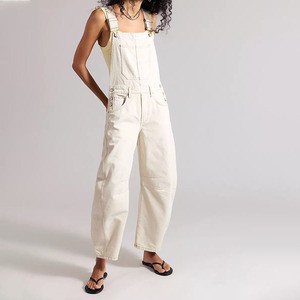 Women's Solid Color Denim Overalls High Waist Loose Fit Casual Summer Jumpsuit Breathable Cotton Bib Pants