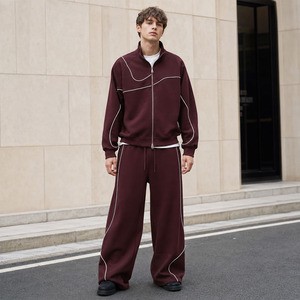 Wholesale Curved White Piping Jogger Tracksuit Men Burgundy Zip Up Jacket Wide Leg Sweat Pants Matching Casual Street Outfit