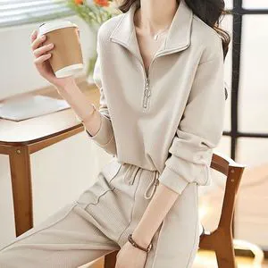 NY Casual Sportswear Two-piece Autumn and Winter New Simple POLO Long Sleeve Pant Suit with Tight Waist