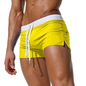 Men Yellow Solid Color Quick Dry Beach Shorts Mid Waist Drawstring Swim Trunks with Pockets Casual Summer Wear