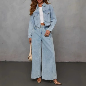 Fashion Denim Jacket Wide Leg Jeans Pant Sets Spring Clothing Women Jean Jacket Denim Trousers Cowboy 2 Piece Sets Women Outfit