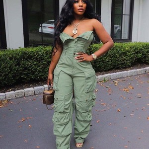 Fashion Sexy Plus Size Streetwear Strapless Sleeveless Pocket Cargo Foam Lining Denim Jeans Jumpsuit One Piece Romper Women