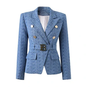 AIMEISI New High Stylish Shoulder Pad Elegant with Belt Jean Jacquard Jacket Denim Women's Jackets