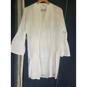 White on White Beach Cover-Up Short Elegant Swimwear 100% Cotton Batwing Sleeve V-neck Loose Fit