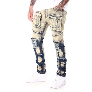 Custom Men's Designers LOGO Jeans Pockets Blue Wash Stretch Straight Fit Distressed Holes Denim Jeans Men Long Pants