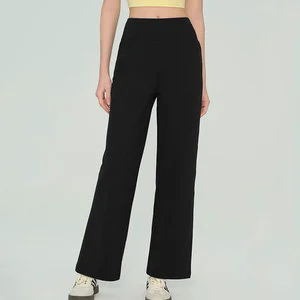 Loose Fit High-Waist Cropped Wide-Leg Yoga Pants for Women Spandex/Nylon Solid Casual Lounge Trousers Sweat-Wicking Tummy