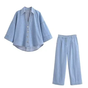 Set Women's 2025 new two-piece fashion casual Joker denim fabric wide sleeve design loose shirt+casual denim wide-leg pants suit