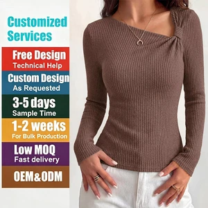 OEM & ODM 2026 Fall New Asymmetric Ribbed Knit Pullover Long Sleeve Neckline Design Slim Fit Top