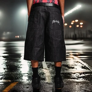 OEM ODM Custom Men's Black Raw Denim Shorts Wide Leg Back Pocket Embroidery Baggy Jorts Streetwear Manufacturer