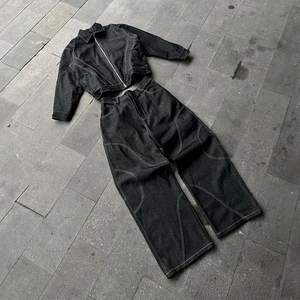 Custom Men's Casual Denim Jacket and Oversized Loose Fit Denim Pants Sets with Front Logo for Autumn