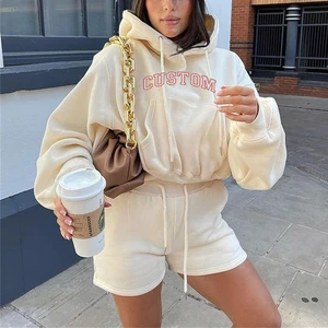 Women Two Pieces Outfits Street Wear Pullover Blank Cropped Hoodie With Short Sweatpants Women Sets Sports Outfit Jogger Set