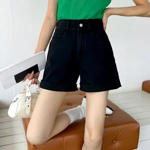 Plus Size Women's Black High-Waisted Cargo Denim Shorts-Eco-Friendly Quick Dry Breathable Straight Fit Summer Casual Comfort