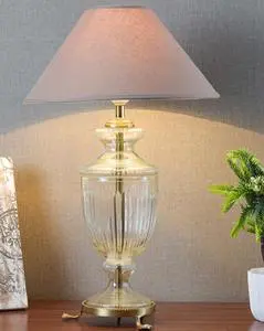 Traditional Glass Table Lamp With Beige Fabric Empire Shade E27 LED Warm White Light For Living Room Decorative Lighting