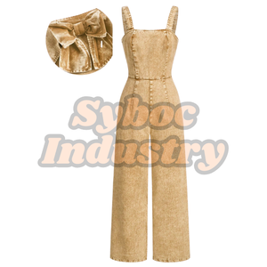 Custom Light Wash Women's Vintage Stylish Denim Overall Jumpsuit with Bib Bow Hollow Back Summer Dress