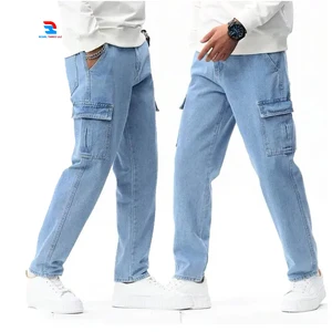 Men's Vintage Hip Hop Cargo Denim Jeans Oversize Slim Fit Button Waist Outdoor Front Back Pocket Stonewashed Breathable