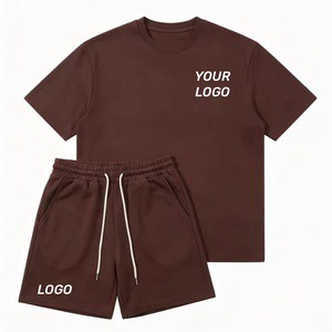 Blank Custom 2-Piece Knitted Cotton Plain Tracksuit Summer Breathable Casual Crew Neck T-Shirt And Drawstring Shorts Sets