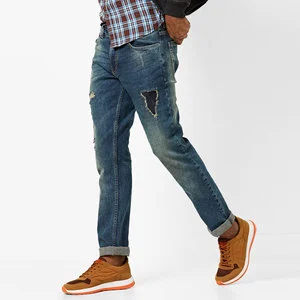 Men's Straight Fit Stonewashed Distressed Denim Jeans Mid Waist Cotton Casual Trousers With Ripped Details