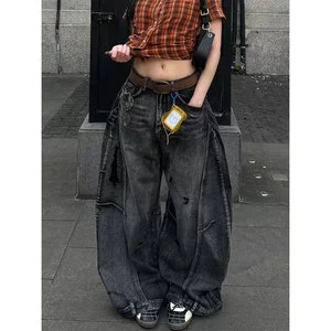 American Retro Plus Size Washed Distressed Women's Streetwear Curved Leg Wide Leg Loose Slimming Drapey Long Denim Jeans Trendy