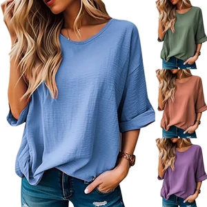 Women's Loose O-Neck Three Quarter Sleeve Cotton T-Shirt Solid Color Casual Top with Pockets Spring Summer Wear