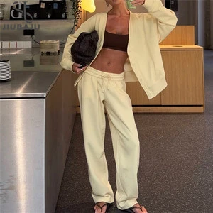 Casual Tracksuits 2Piece Set V-Neck Single Breasted Jacket+Drawstring Pants Matching Simple Streetwear Sporty Outfits