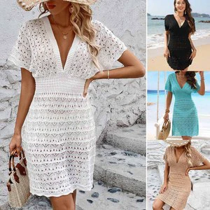 Hollow Out Beach Dress V-neck Fashion One Piece Beach Cover-up Solid Pattern Beachwear Women Elastic Waist Beach Cover up