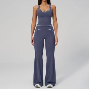 Solid Short Sleeve Quick Dry Breathable 2 Piece Yoga Jumpsuit Workout Clothes with Front Logo for Women Anti-Bacterial