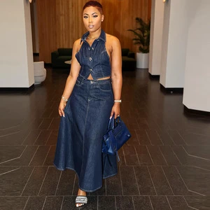 9922SHD Wholesale Summer New Women's Denim Suit Street Crop Tops Long Skirt Two Piece Jeans Set Denim Set for Lady Women