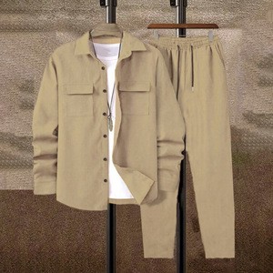 Men's Casual Solid Color Suit Set with Long Sleeve Shirt and Trousers for Daily Wear and Youth Fashion