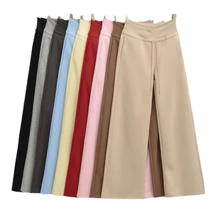 Women's Eco-Friendly Spandex Solid Full Length Joggers XL Loose Wide Leg Pants Elastic Waist Adjustable Drawstring Low Rise