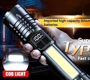 Portable Rechargeable High Power LED Flashlights With Display Screen Zoom Tactical Torch Lamp with Emergency Side Lights Lantern