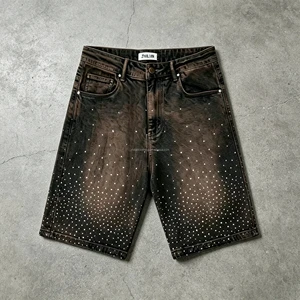 Custom Wholesale 100% Cotton Mid Waist Vintage Rhinestone Jorts Men Streetwear Denim Jeans Shorts Eco-Friendly
