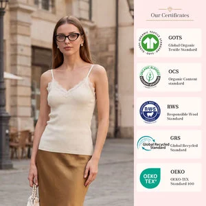 Women 100% Pure Wool Knit Cami Top Lace Trim V Neck Spaghetti Strap Sleeveless Camisole Soft Skin Friendly Basic Inner Tank Top