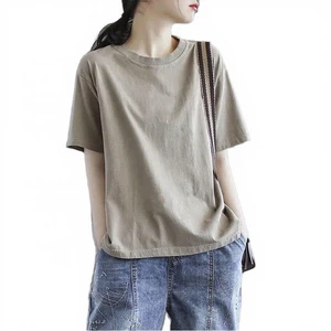 New Summer Korean Women's Solid Pattern Knitted T-Shirt Retro Slimming Letter Bottom Casual Short-Sleeved Top Digital Printing