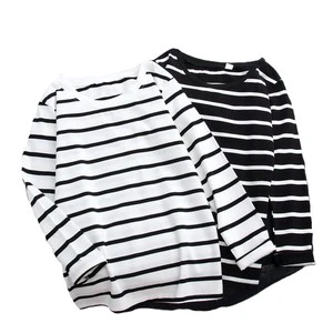 OEM Plus Size Logo Women's Long Sleeve Striped T-Shirt Stylish Base Layer Black White 2026 Spring Autumn Winter Stylish T Shirt