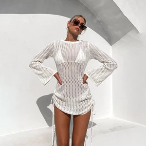 New Arrival Women's Long Sleeve Beach Cover-Up Hollow Out Side Drawstring Crew Neck Bikini Sun Protection Beach Dress