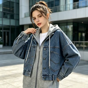 Korean Street Style Two-Piece-Style Denim Jacket Women's Hooded Sweatshirt Patchwork Denim Jacket