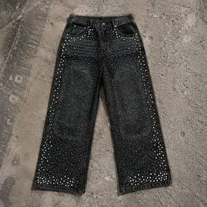 Custom Men's Vintage Rhinestone Denim Jeans | Y2K Heavyweight Diamonds Pearl Streetwear Pants | Loose Fit Hip Hop Baggy Trousers