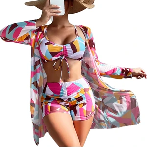 2026 Custom Logo Women Beach Cover up 3 Piece Set Swimsuit Beach Cover up Sexy High Waist Plus Size Cover up